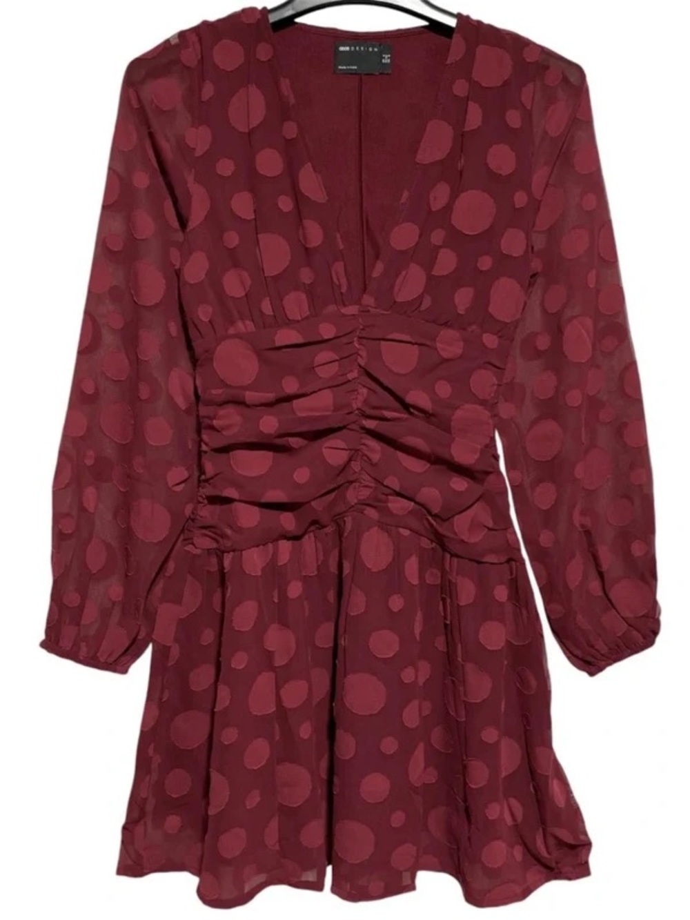 ASOS Burgundy V-Neck Long Sleeve Mini Dress, Size 0